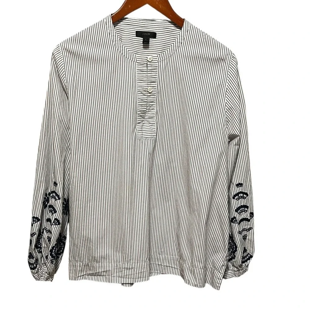 J Crew Womens‎ Peasant Boho Cottage Top L Stripe Embroidered Tie Back Parisian
